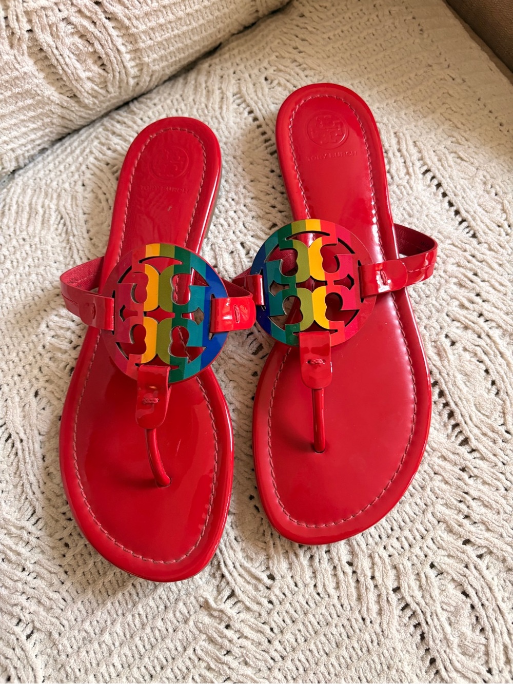 Tory Burch Red Patent Leather Sandals with Rainbow Logo Medallion